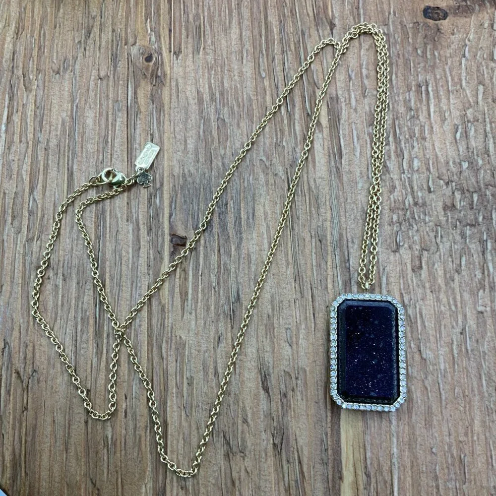 Kate Spade Night Sky Blue Emerald Cut Rectangle Pendant Gold Tone Chain Necklace